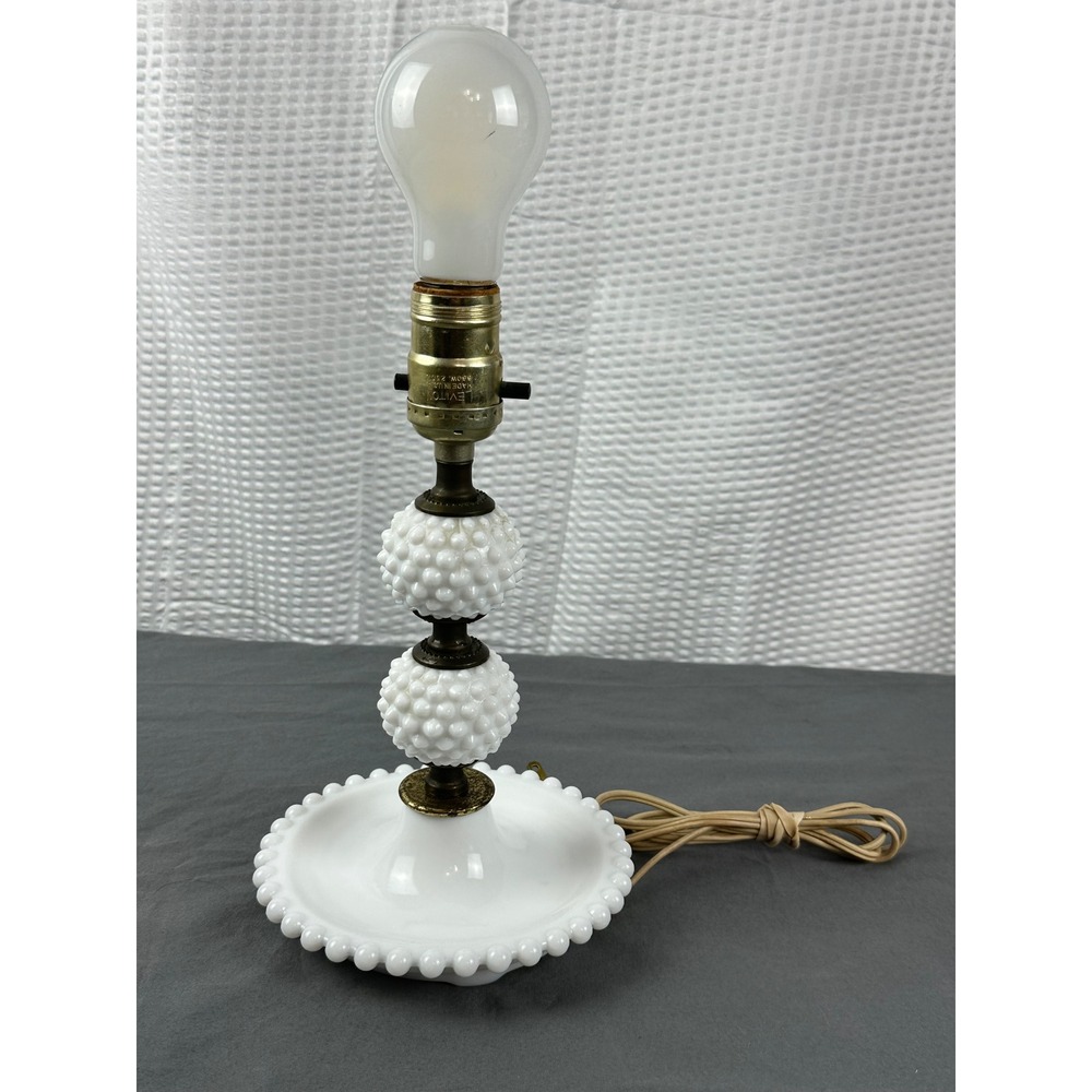 Vintage White Milk Glass Beaded Hobnail Table Lamp- Working